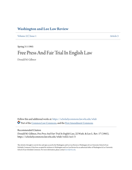 Free Press and Fair Trial in English Law Donald M