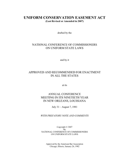 UNIFORM CONSERVATION EASEMENT ACT (Last Revised Or Amended in 2007)