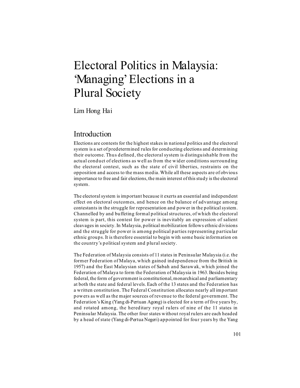 Electoral Politics in Malaysia: 'Managing' Elections in a Plural