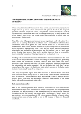 “Independent Artist Concern in the Indian Music Industry”