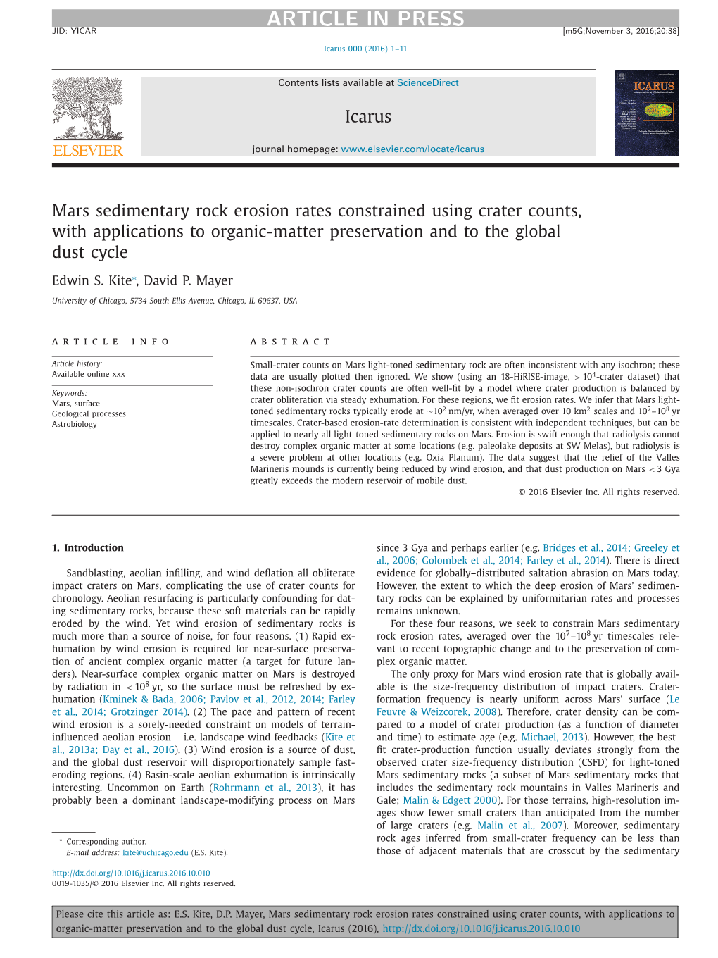 Mars Sedimentary Rock Erosion Rates Constrained Using Crater Counts, with Applications to Organic-Matter Preservation and to the Global Dust Cycle