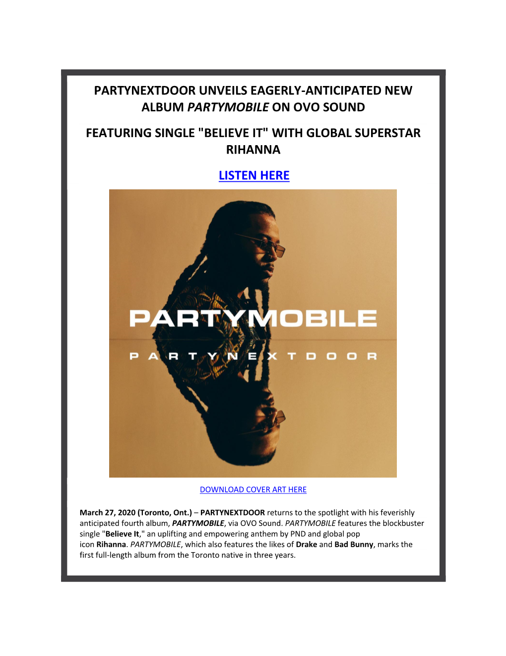 Partynextdoor Unveils Eagerly-Anticipated New Album Partymobile on Ovo Sound Featuring Single 