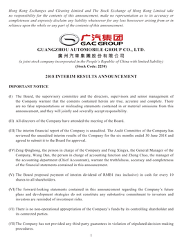 GUANGZHOU AUTOMOBILE GROUP CO., LTD. 廣州汽車集團股份有限公司 (A Joint Stock Company Incorporated in the People’S Republic of China with Limited Liability) (Stock Code: 2238)