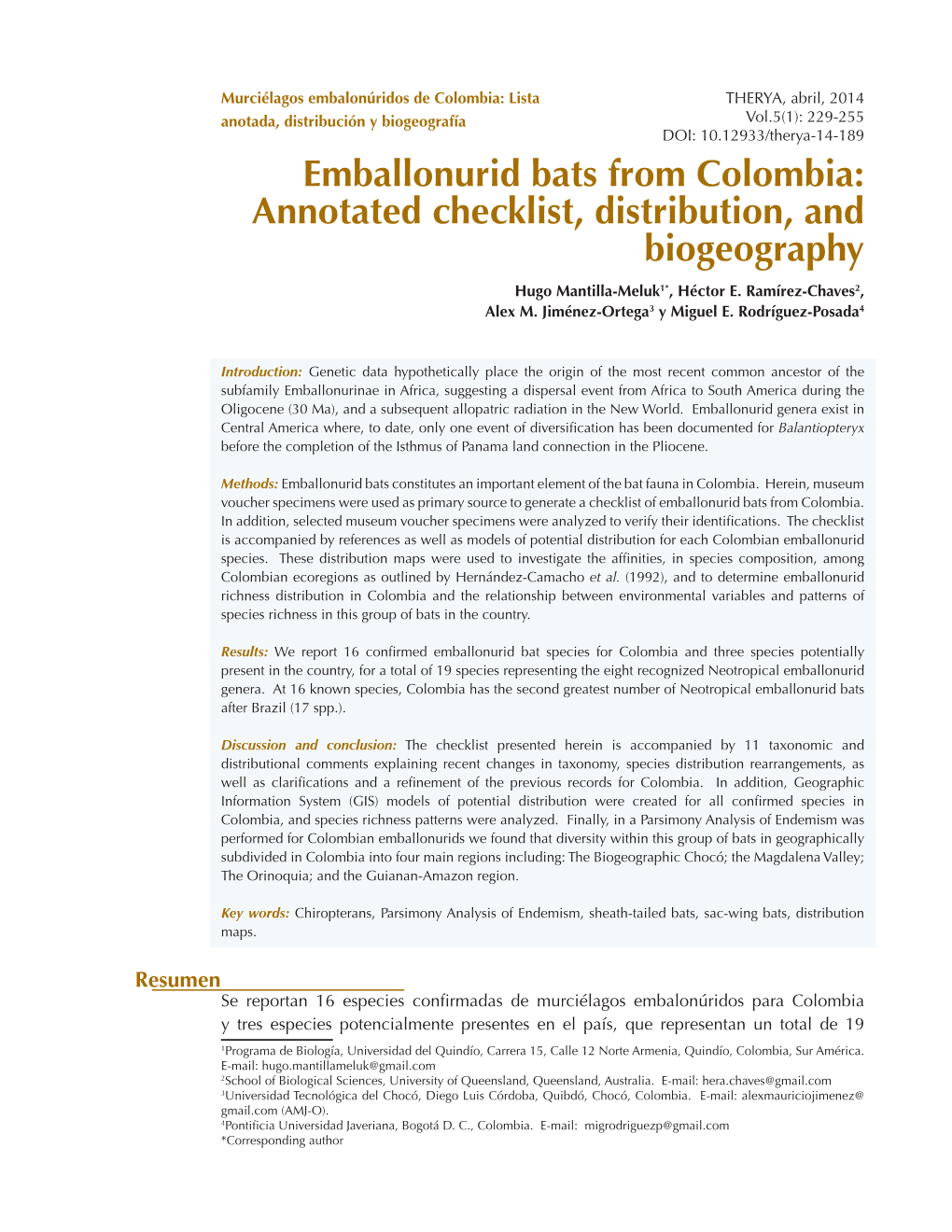 Emballonurid Bats from Colombia: Annotated Checklist, Distribution, and Biogeography Hugo Mantilla-Meluk1*, Héctor E