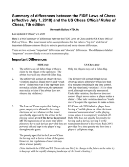 Summary of Differences Between the FIDE Laws of Chess