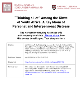 “Thinking a Lot” Among the Khwe of South Africa: a Key Idiom of Personal and Interpersonal Distress