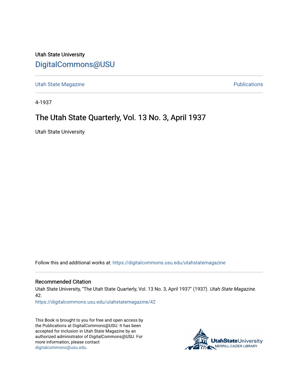 The Utah State Quarterly, Vol. 13 No. 3, April 1937