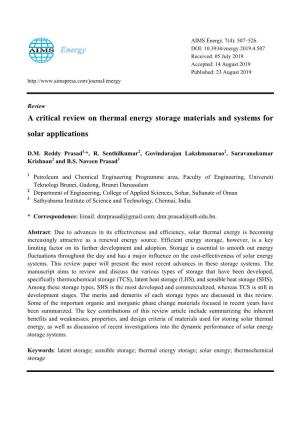 A Critical Review on Thermal Energy Storage Materials and Systems for Solar Applications