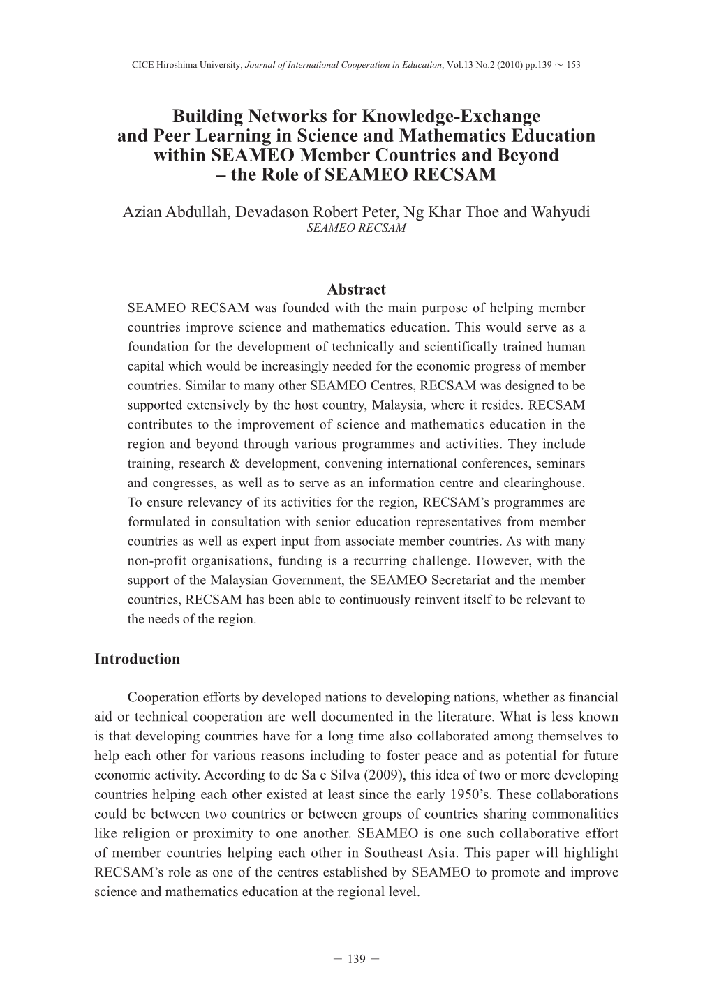 Building Networks for Knowledge-Exchange and Peer Learning in Science and Mathematics Education Within SEAMEO Member Countries and Beyond – the Role of SEAMEO RECSAM