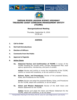 Indian River Lagoon Scenic Highway Treasure Coast Corridor Management Entity (Tccme)