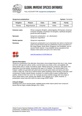 (GISD) 2021. Species Profile Syngonium Podophyllum