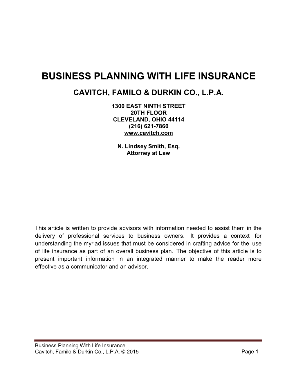Business Planning with Life Insurance Cavitch, Familo & Durkin Co., L.P.A