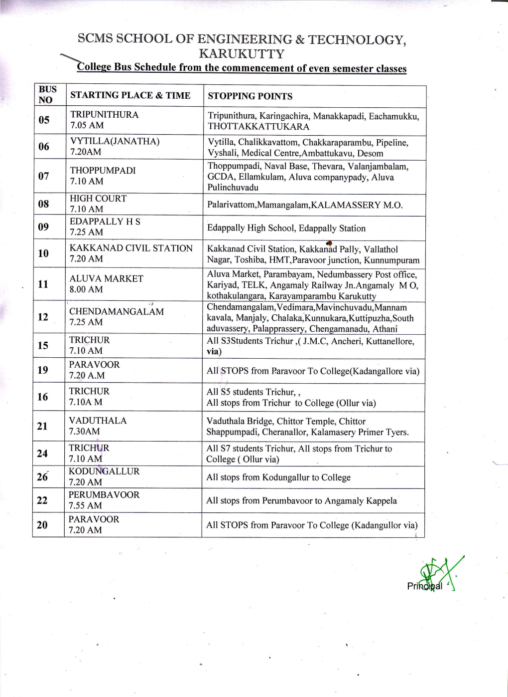 College Bus Schedule from the Commencements of Even Semester Classes