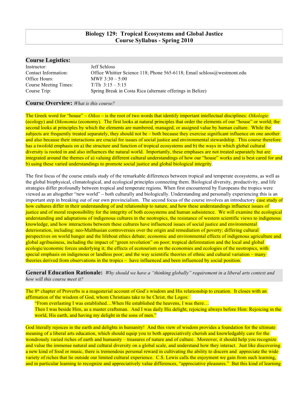 Biology 129: Tropical Ecosystems and Global Justice