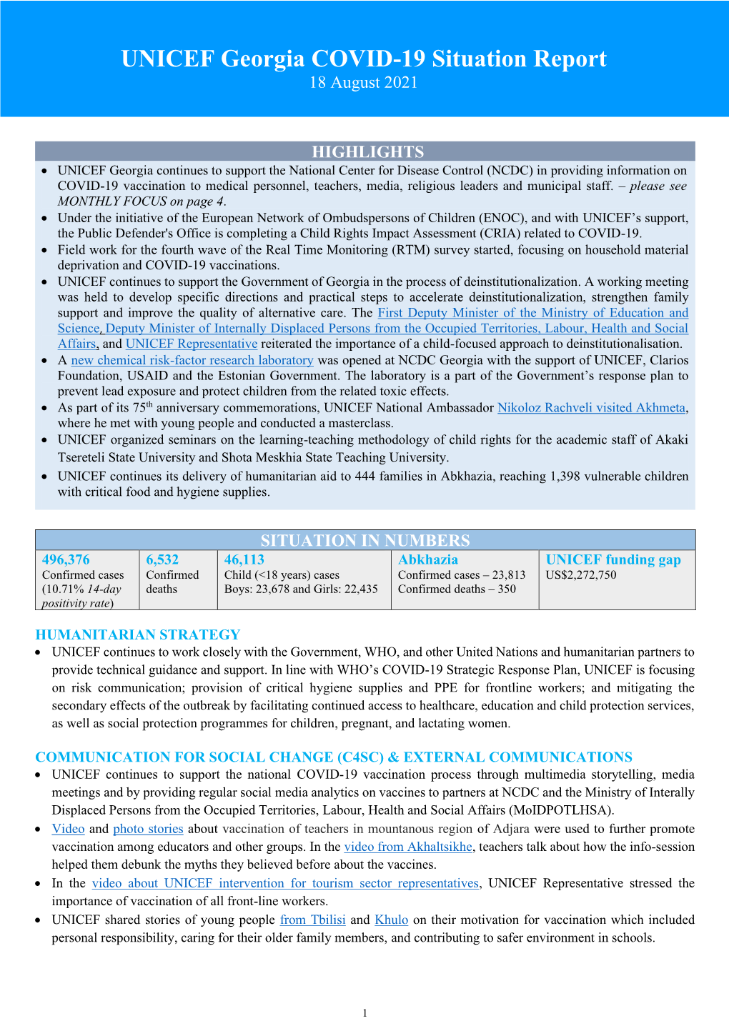 UNICEF Georgia COVID-19 Situation Report 18 August 2021