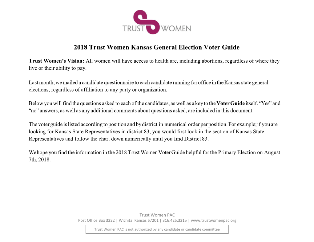 2018 Trust Women Kansas General Election Voter Guide