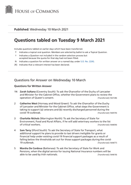 Questions Tabled on Tuesday 9 March 2021