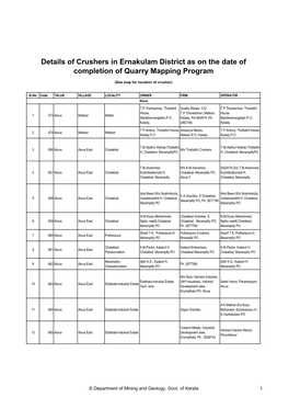 Details of Crushers in Ernakulam District As on the Date of Completion of Quarry Mapping Program