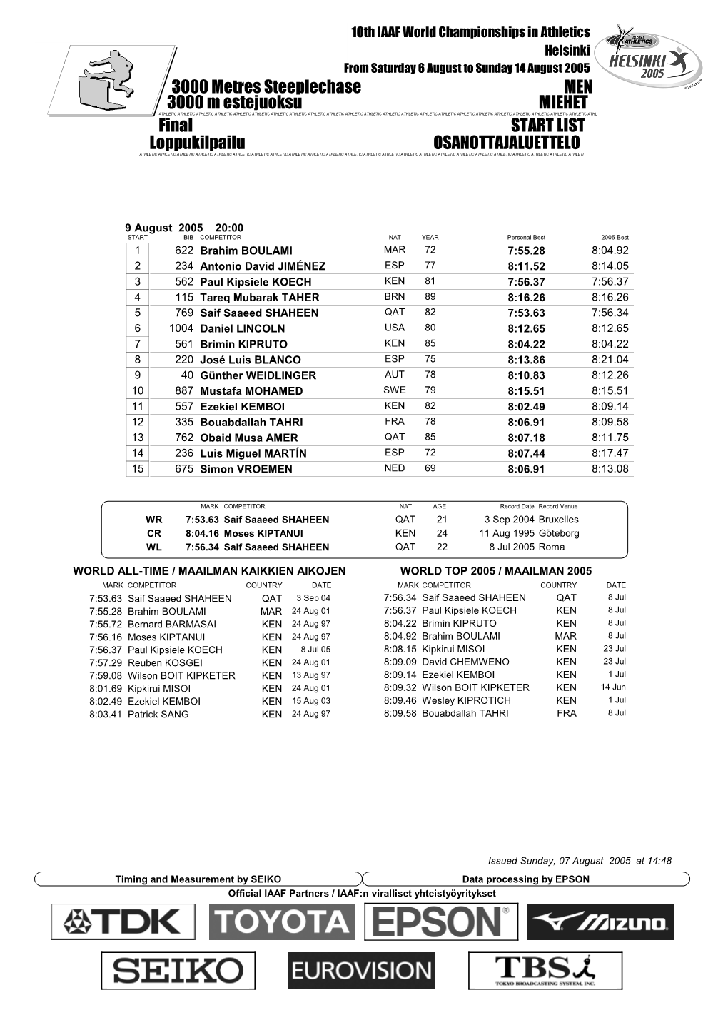 Final START LIST 3000 Metres Steeplechase MEN Loppukilpailu OSANOTTAJALUETTELO 3000 M Estejuoksu MIEHET