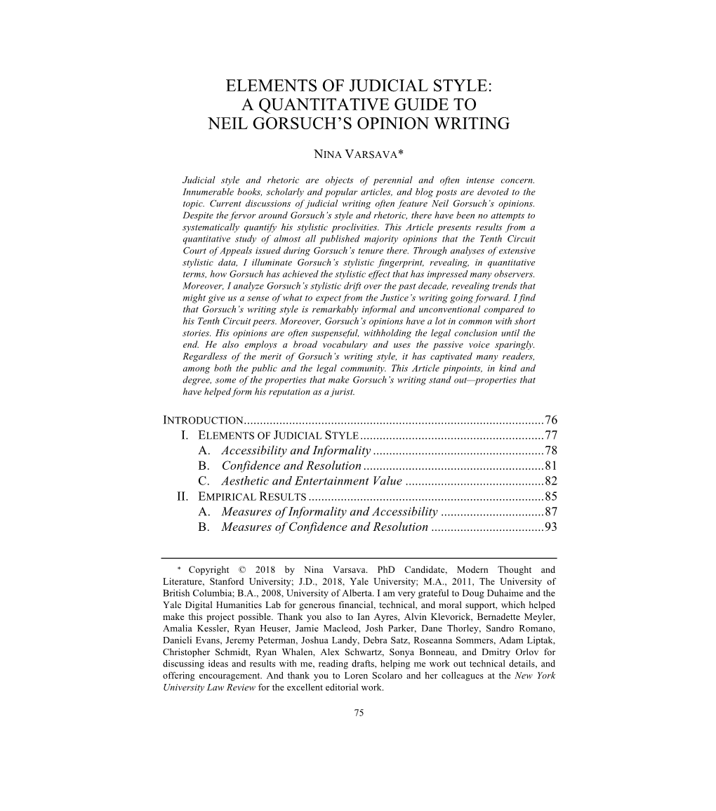 Elements of Judicial Style: a Quantitative Guide to Neil Gorsuch’S Opinion Writing