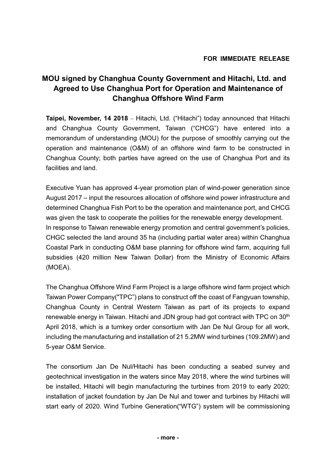 MOU Signed by Changhua County Government and Hitachi, Ltd. and Agreed to Use Changhua Port for Operation and Maintenance of Changhua Offshore Wind Farm