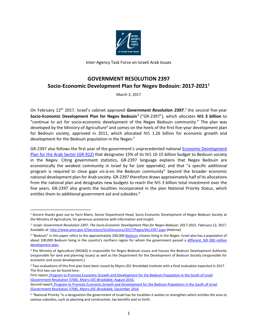 GOVERNMENT RESOLUTION 2397 Socio-Economic Development Plan for Negev Bedouin: 2017-20211 March 3, 2017