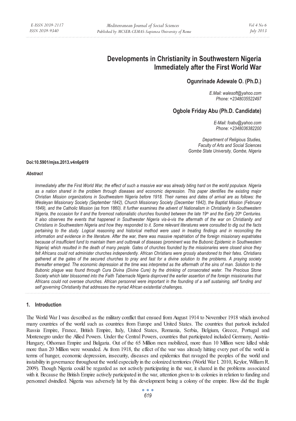 Developments in Christianity in Southwestern Nigeria Immediately After the First World War