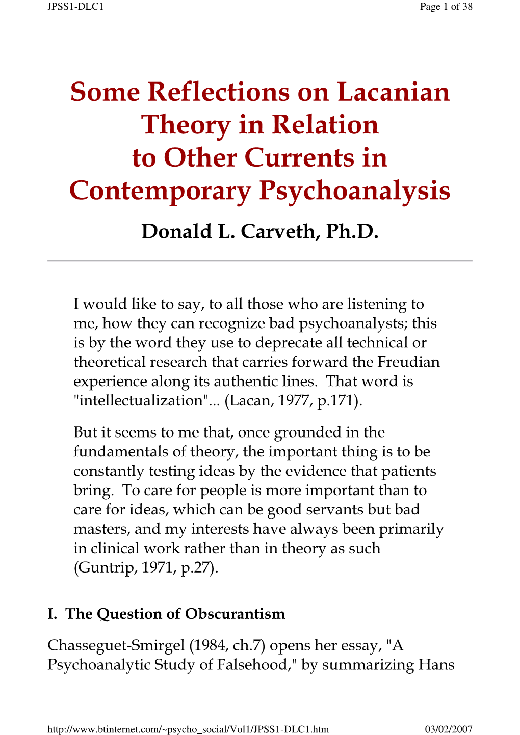 Some Reflections on Lacanian Theory in Relation to Other Currents in Contemporary Psychoanalysis