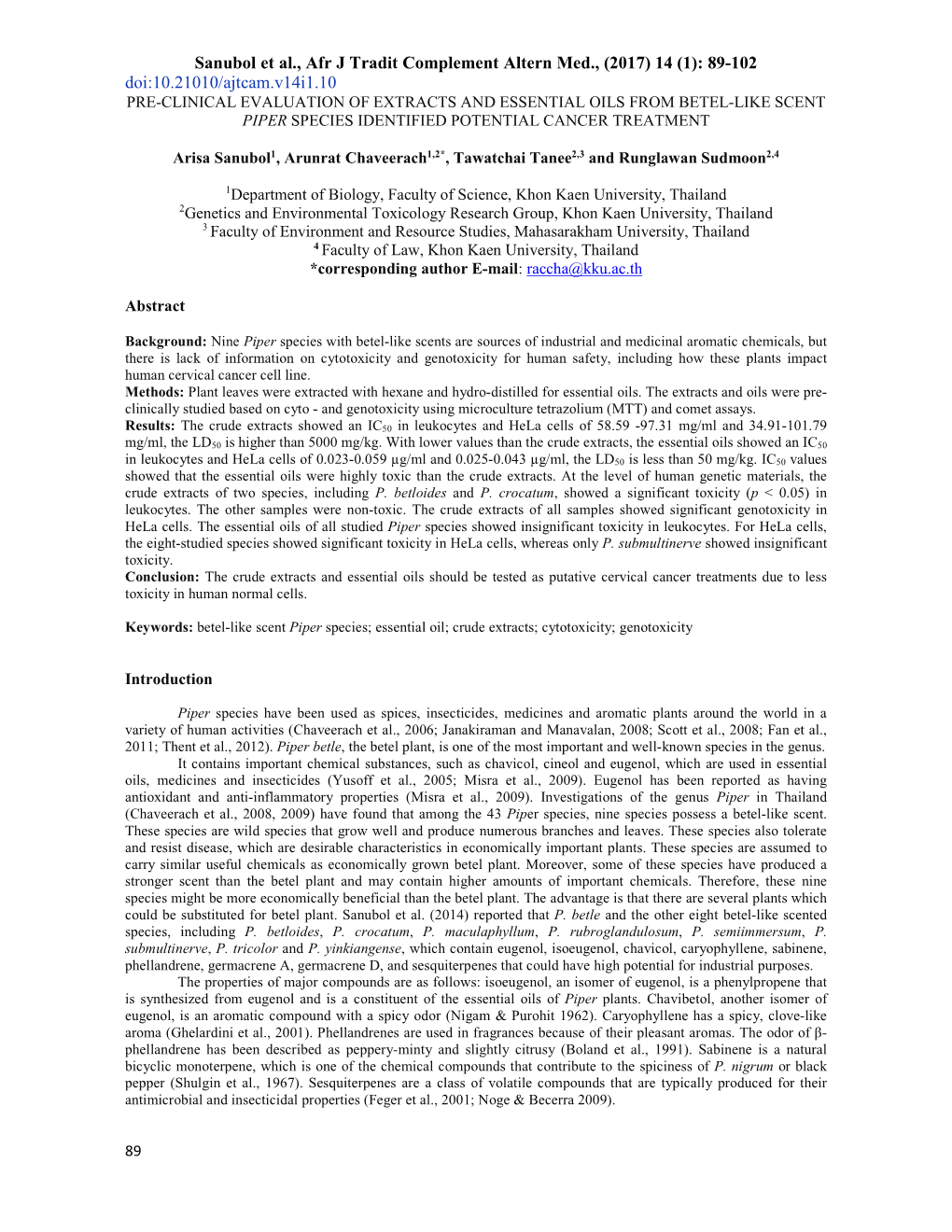 Sanubol Et Al., Afr J Tradit Complement Altern Med., (2017) 14 (1): 89-102 Doi:10.21010/Ajtcam.V14i1.10