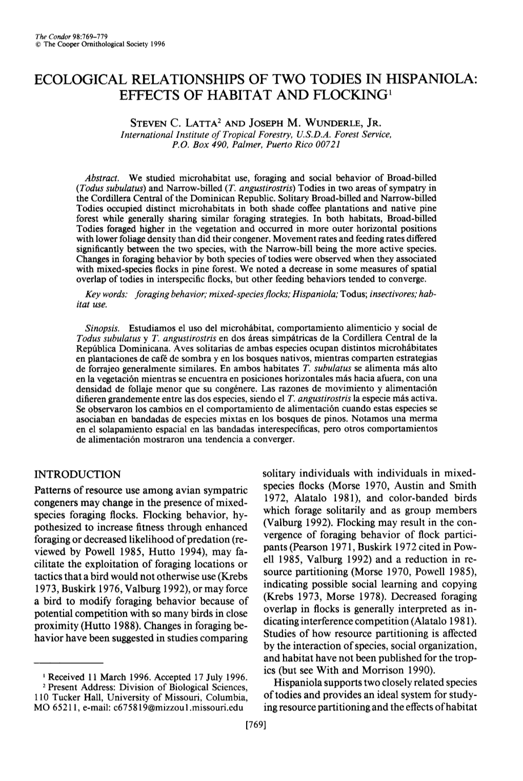 Ecological Relationship of Two Todies in Hispaniola: Effects of Habitat and Flocking