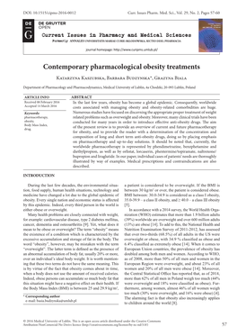Contemporary Pharmacological Obesity Treatments Katarzyna Kaszubska, Barbara Budzynska*, Grazyna Biala
