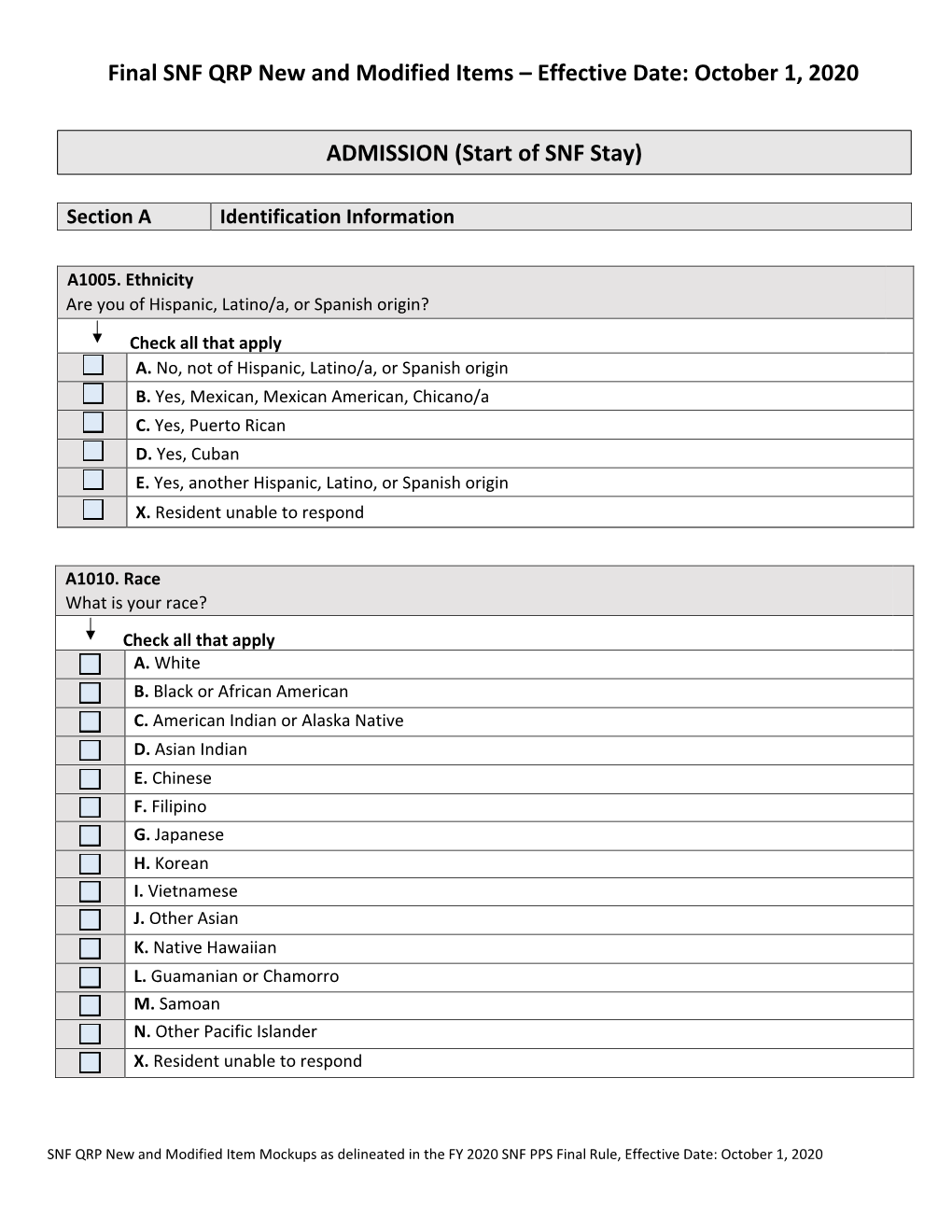 Final SNF QRP New and Modified Items – Effective Date: October 1, 2020