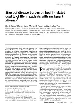 Effect of Disease Burden on Health-Related Quality of Life in Patients with Malignant Gliomas1