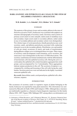 BARK ANATOMY and INTERCELLULAR CANALS in the STEM of DELARBREA PARADOXA (ARALIACEAE) by M