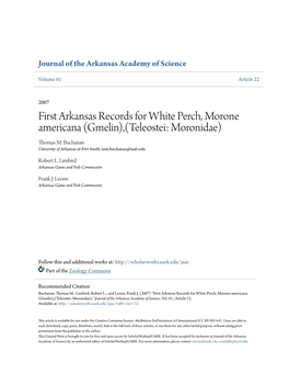First Arkansas Records for White Perch, Morone Americana (Gmelin),(Teleostei: Moronidae) Thomas M