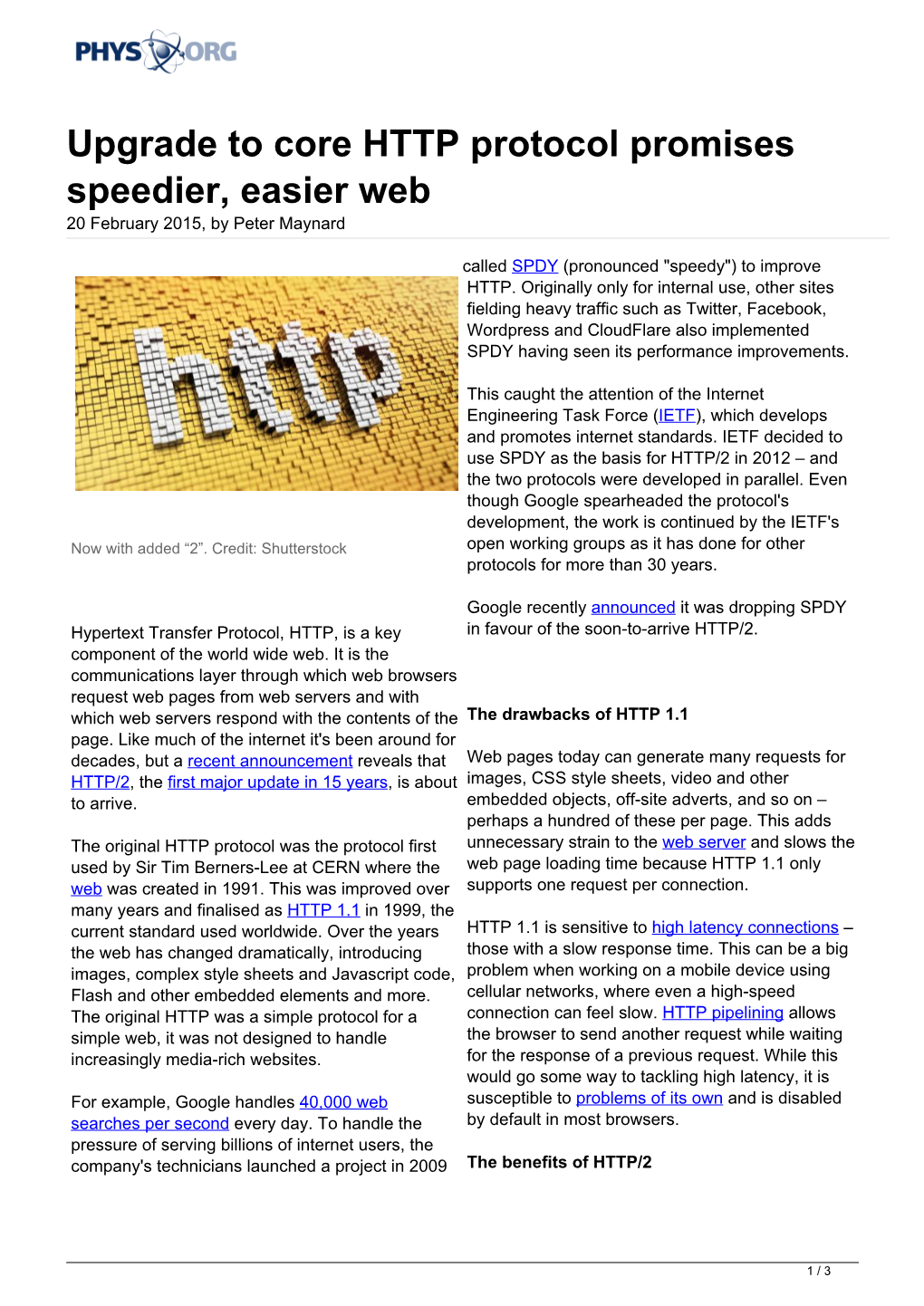 Upgrade to Core HTTP Protocol Promises Speedier, Easier Web 20 February 2015, by Peter Maynard