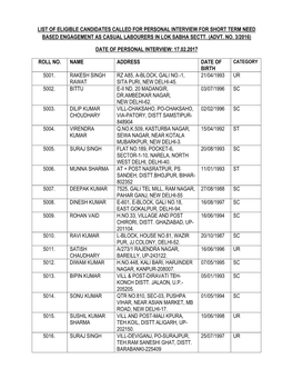 List of Eligible Candidates Called for Personal Interview for Short Term Need Based Engagement As Casual Labourers in Lok Sabha Sectt