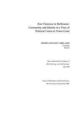 East Timorese in Melbourne: Community and Identity in a Time of Political Unrest in Timor-Leste