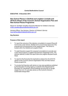 New School Places in Stotfold and Leighton Linslade and 2014/15 Refresh of the Council’S School Organisation Plan and New School Places Programme