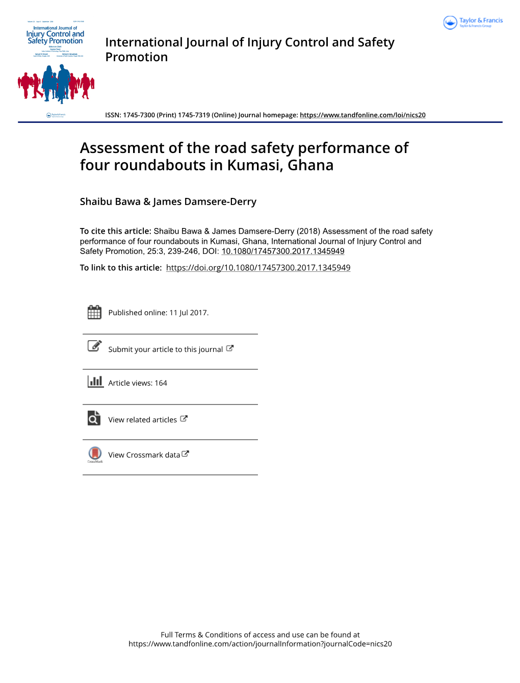 Assessment of the Road Safety Performance of Four Roundabouts in Kumasi, Ghana