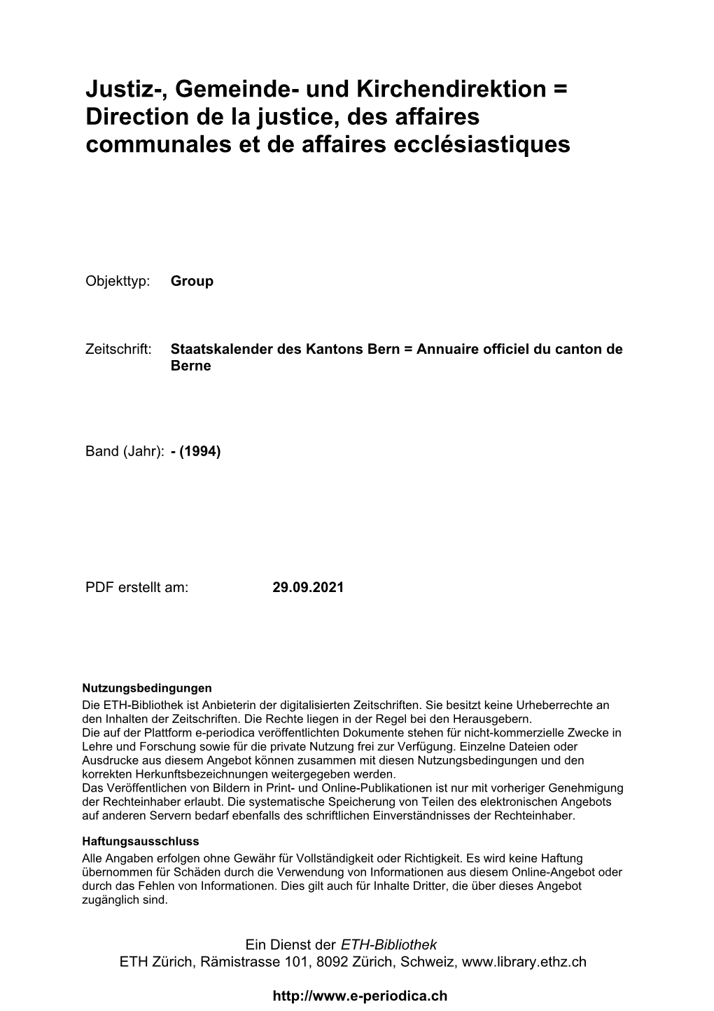 Und Kirchendirektion = Direction De La Justice, Des Affaires Communales Et De Affaires Ecclésiastiques