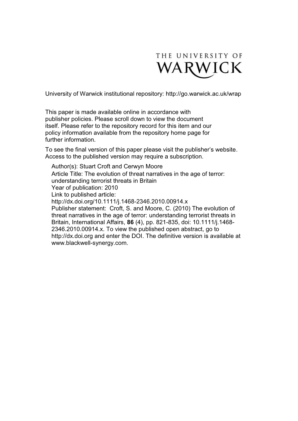 The Evolution of Threat Narratives in the Age of Terror: Understanding Terrorist Threats in Britain