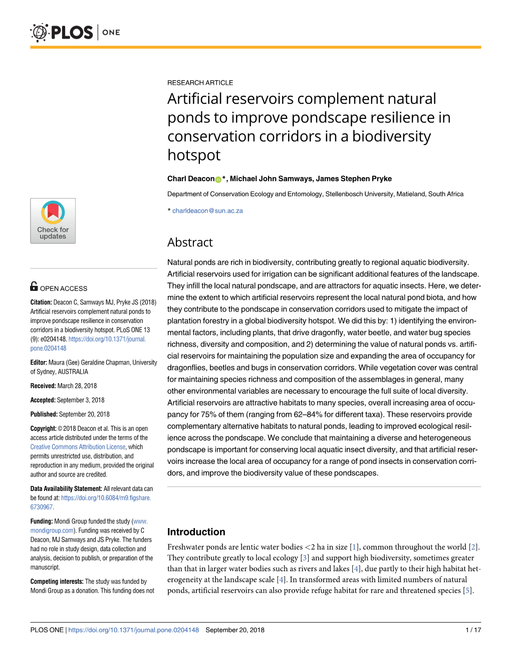 Artificial Reservoirs Complement Natural Ponds to Improve Pondscape Resilience in Conservation Corridors in a Biodiversity Hotspot