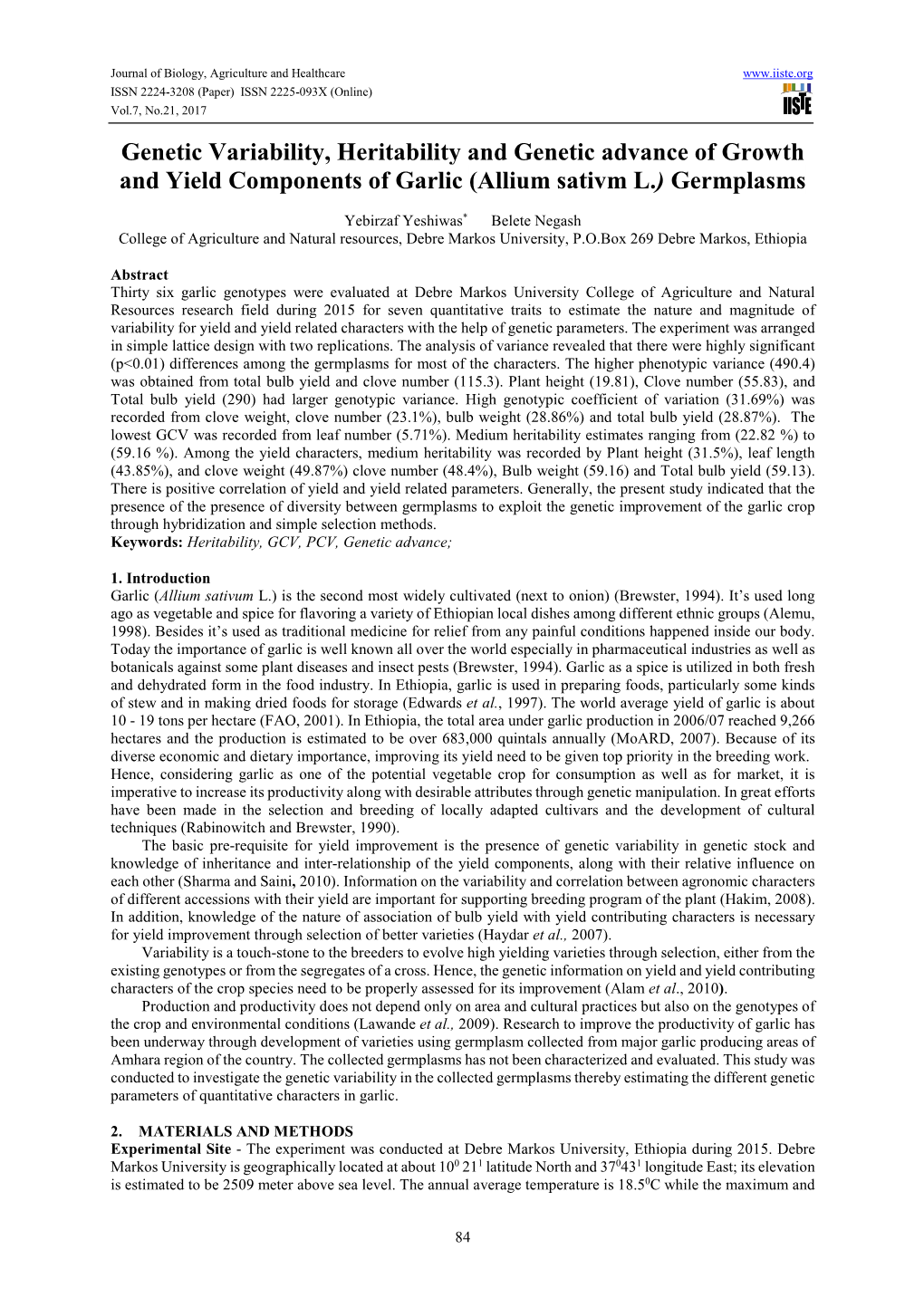 Genetic Variability, Heritability and Genetic Advance of Growth and Yield Components of Garlic (Allium Sativm L