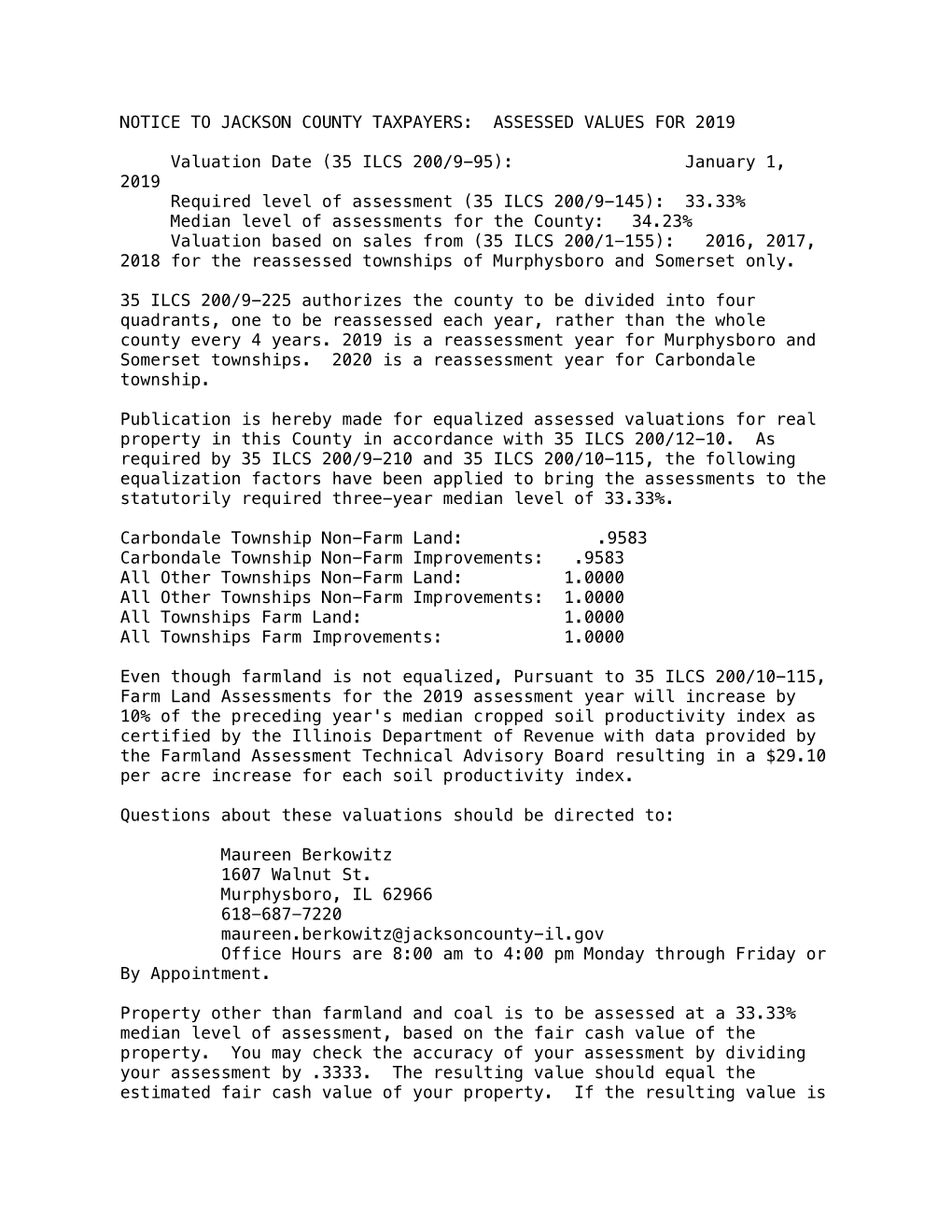 Notice to Jackson County Taxpayers: Assessed Values for 2019