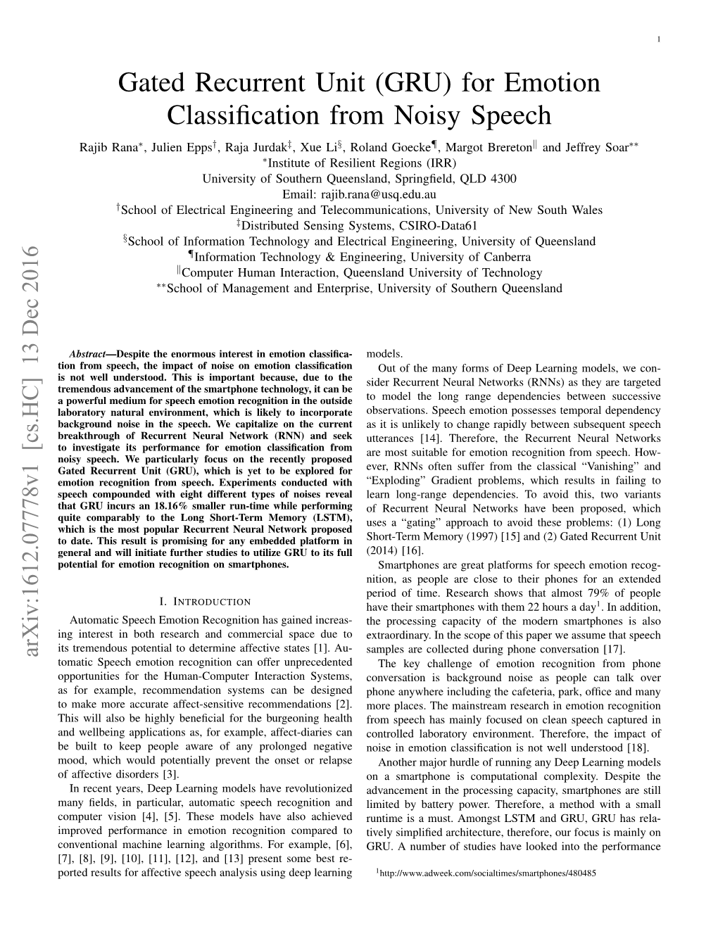 Gated Recurrent Unit (GRU) for Emotion Classification from Noisy