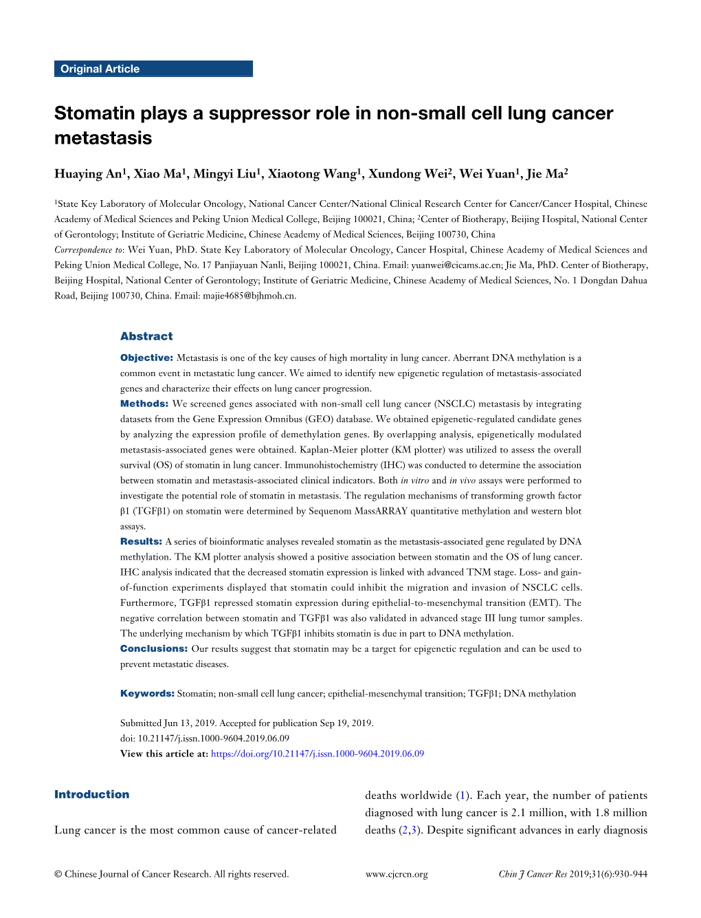 Stomatin Plays a Suppressor Role in Non-Small Cell Lung Cancer Metastasis