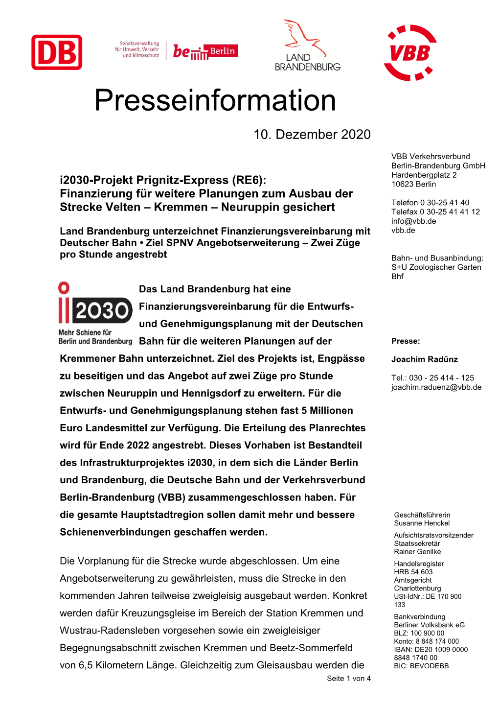 Finanzierungsvereinbarung I2030 Velten-Neuruppin