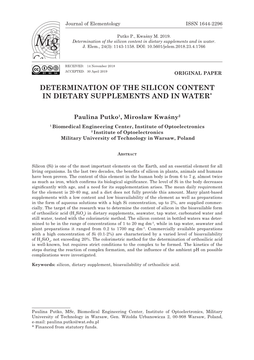 Determination of the Silicon Content in Dietary Supplements and in Water*