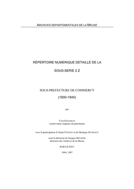 Répertoire Numerique Detaille De La Sous-Serie 2 Z